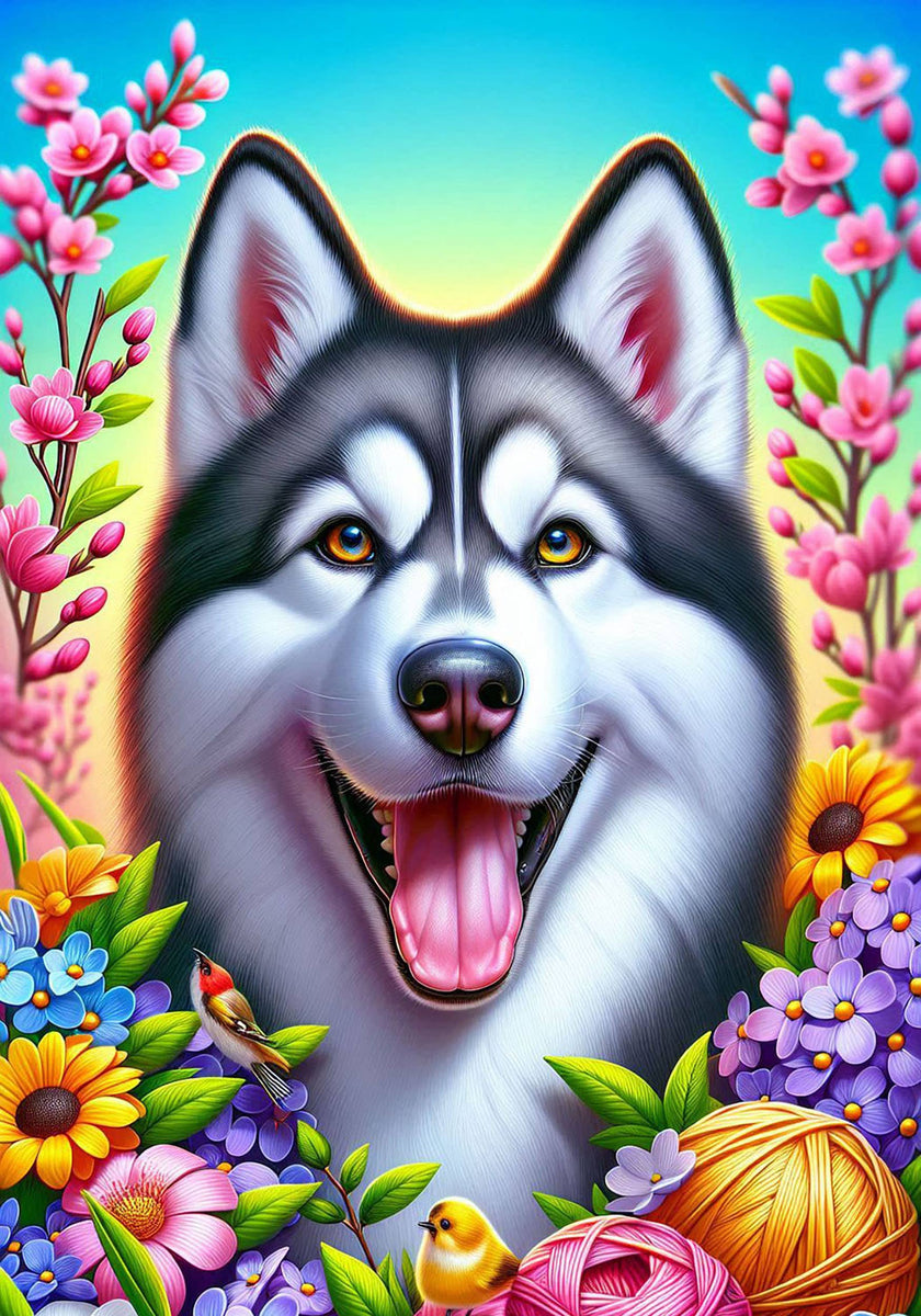 Siberian Husky Grey Colorful Floral Large House Flag