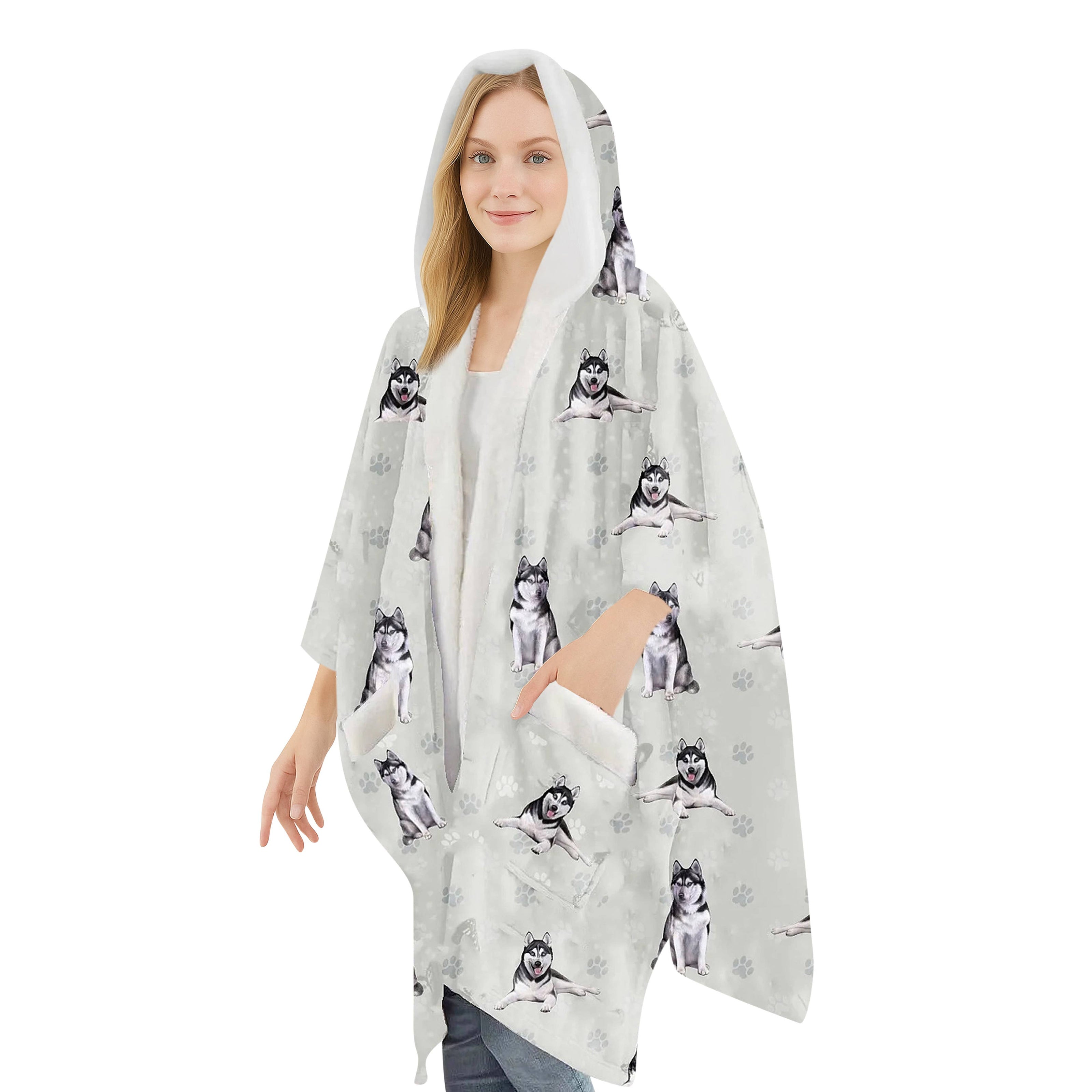 Siberian Husky Snugg Wraps with Hoodie – Ultra Soft Sherpa Fleece Wrap for Pet Lovers