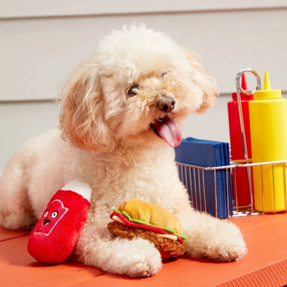 BARK Cookout Burger and Ketchup Plush Dog Toy