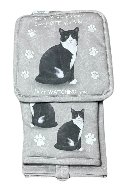 Black and white Cat, oven mitt set