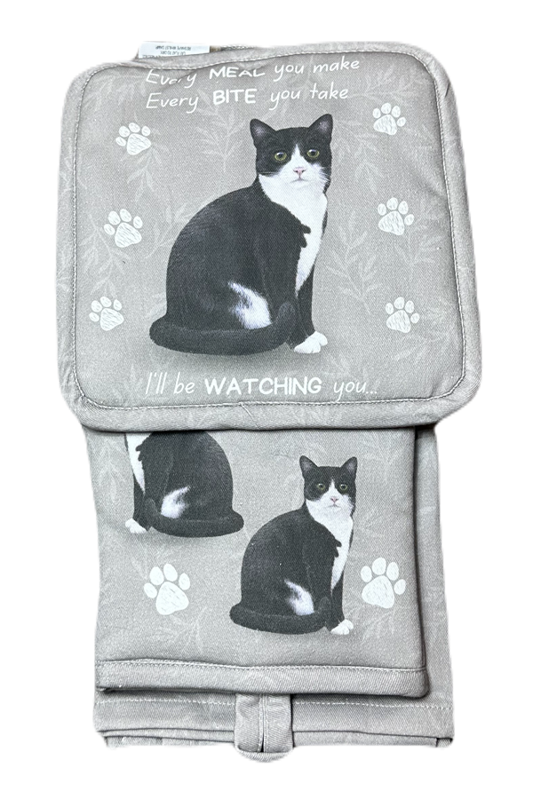 Black and white Cat, oven mitt set