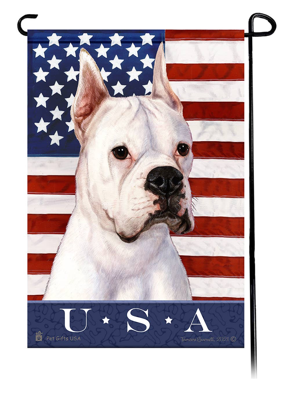 This Boxer White Cropped USA American Garden Flag is a testament to the beauty of your favorite breed and the American Flag