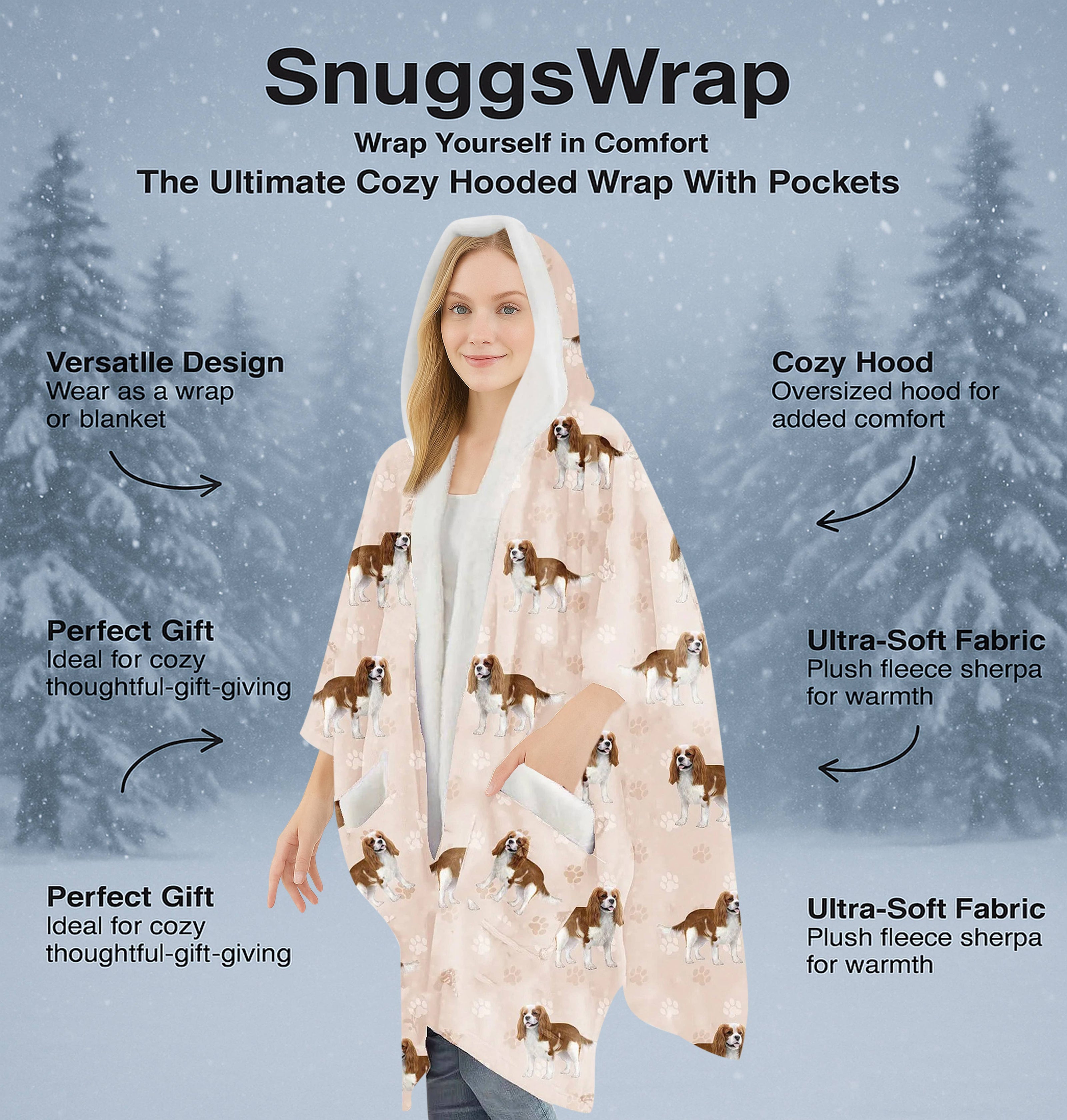 King Charles Cavalier Snugg Wraps with Hoodie – Ultra Soft Sherpa Fleece Wrap for Pet Lovers