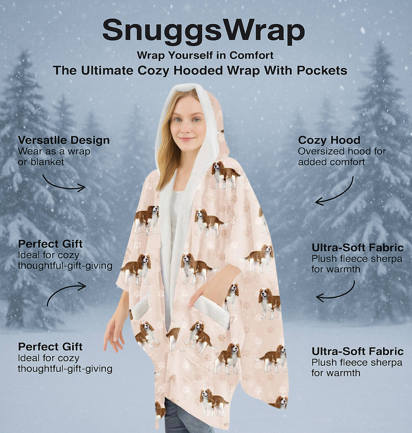 King Charles Cavalier Snugg Wraps with Hoodie – Ultra Soft Sherpa Fleece Wrap for Pet Lovers