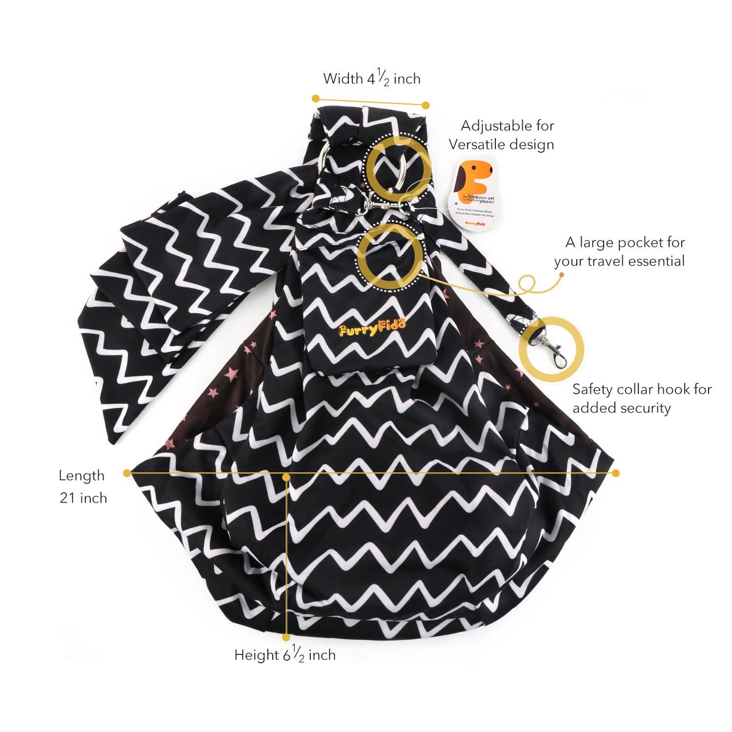 Furry Fido Chevron Black Adjustable Pocket Pet Sling