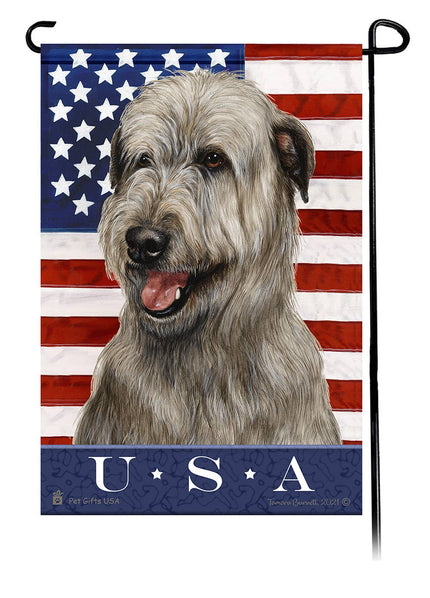 This Irish Wolfhound Grey USA American Garden Flag is a testament to the beauty of your favorite breed and the American Flag.