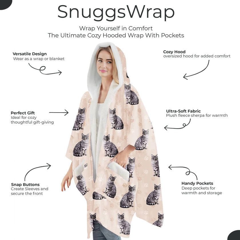 Silver Tabby Snugg Wraps with Hoodie – Ultra Soft Sherpa Fleece Wrap for Pet Lovers
