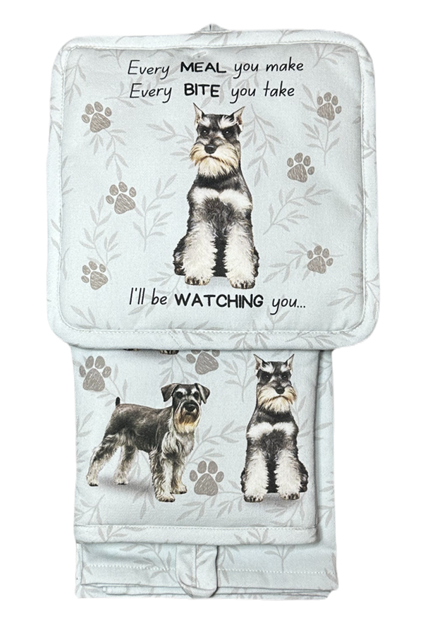 Schnauzer uncropped, oven mitt set