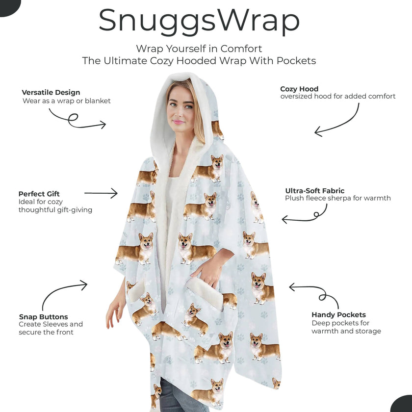 Welsh Corgi Snugg Wraps with Hoodie – Ultra Soft Sherpa Fleece Wrap for Pet Lovers
