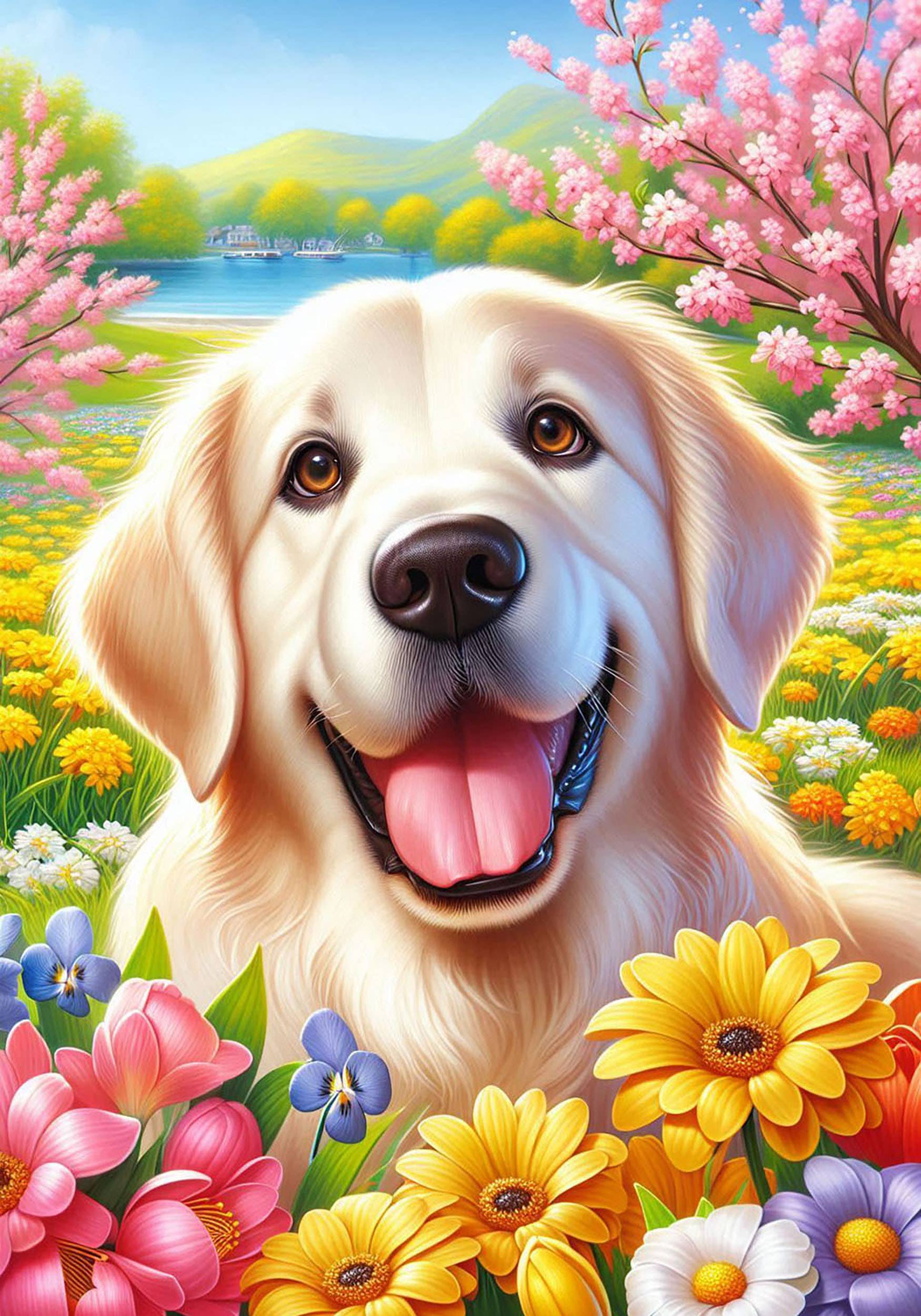 Golden Retriever Blonde Colorful Floral Large House Flag