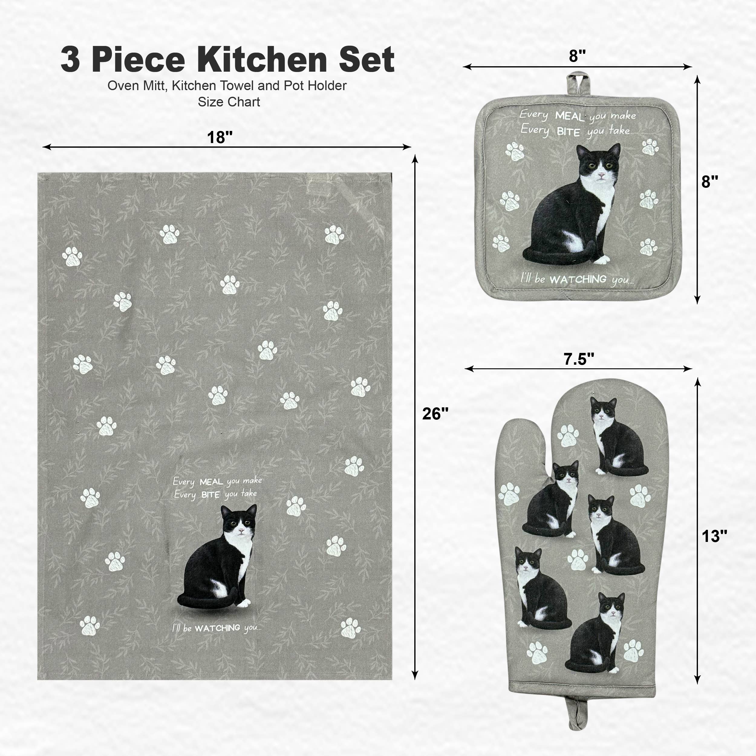 Black and white Cat, oven mitt set