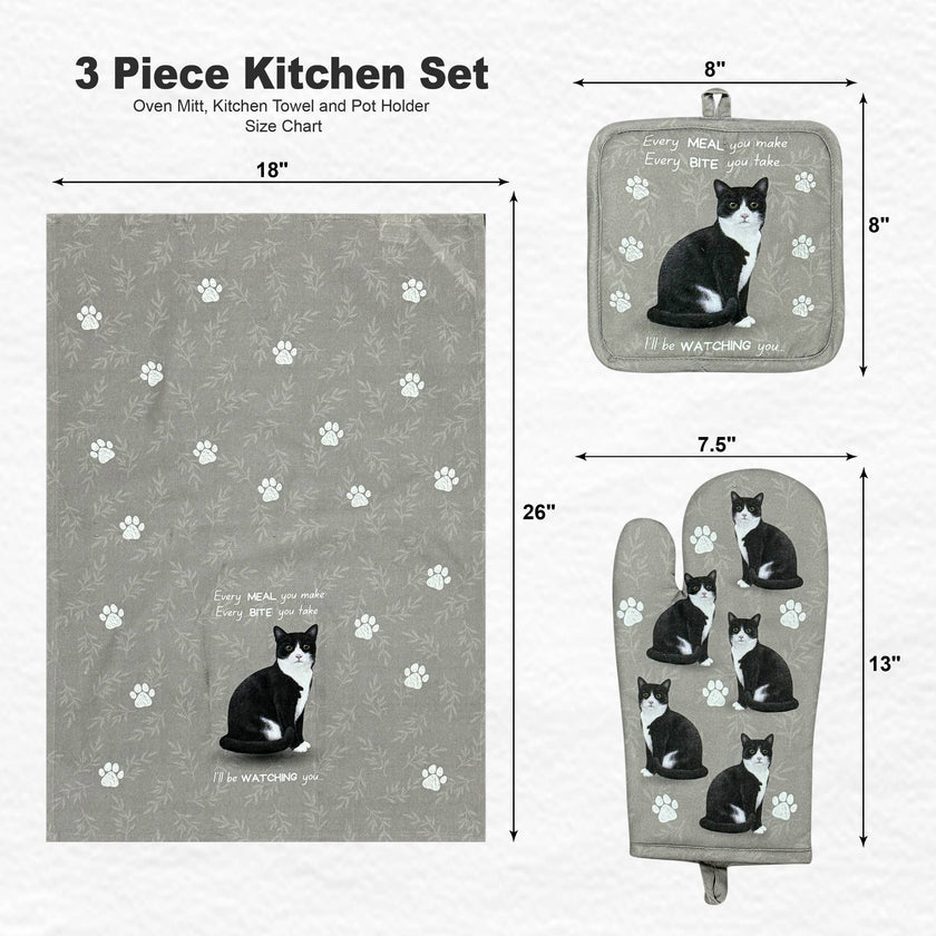 Black and white Cat, oven mitt set