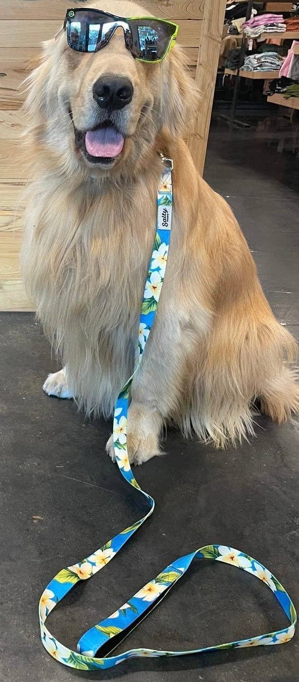 Hawaiian Print Dog Leash Tropical Blue Floral 6' Length Neoprene Lined Handle