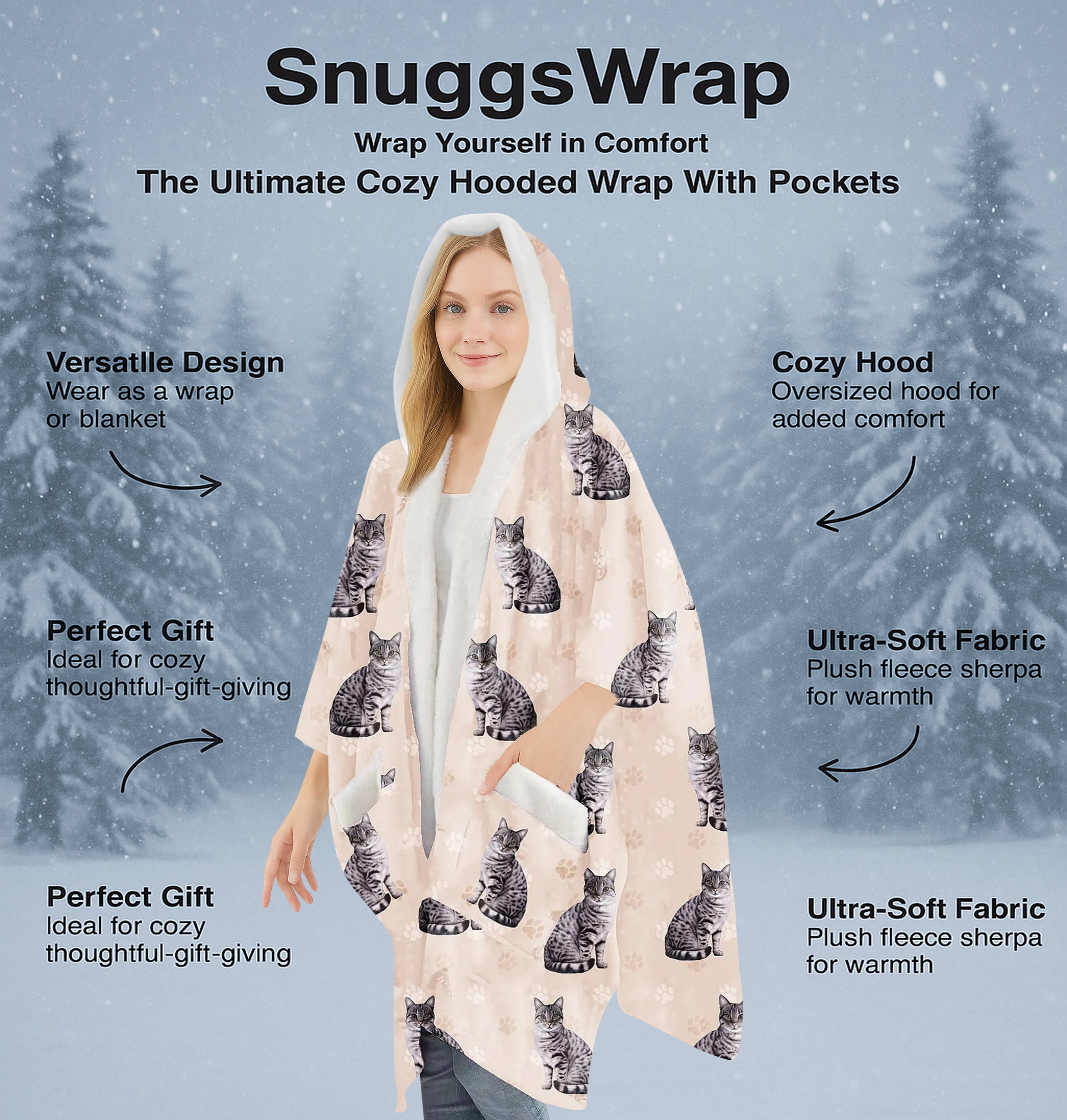 Silver Tabby Snugg Wraps with Hoodie – Ultra Soft Sherpa Fleece Wrap for Pet Lovers