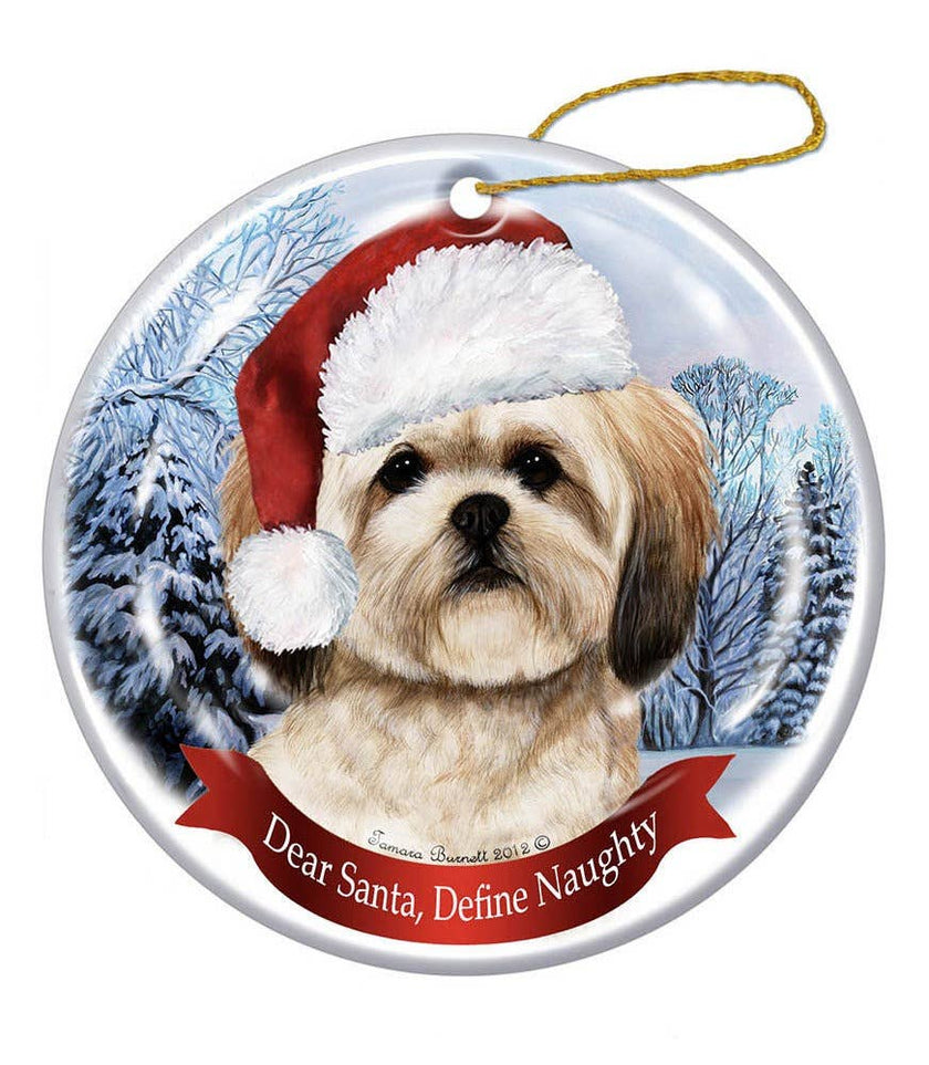 Lhasa Apso Santa Hat Dog Porcelain Christmas Ornament