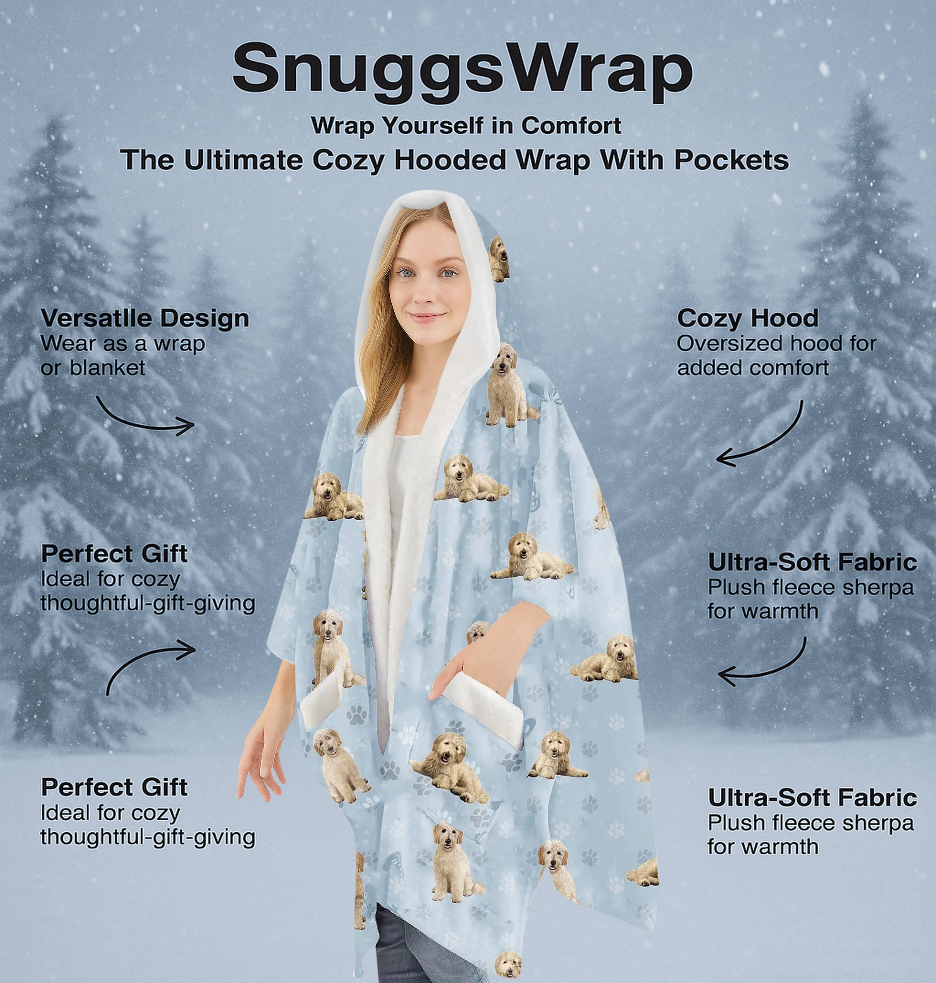 Goldendoodle Snugg Wraps with Hoodie – Ultra Soft Sherpa Fleece Wrap for Pet Lovers