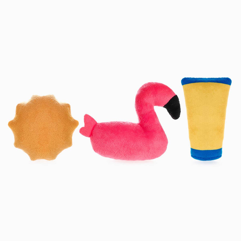 Dog Toy Flsmingo, Sun and Sunscreen Beach Daze Plush Toy Set