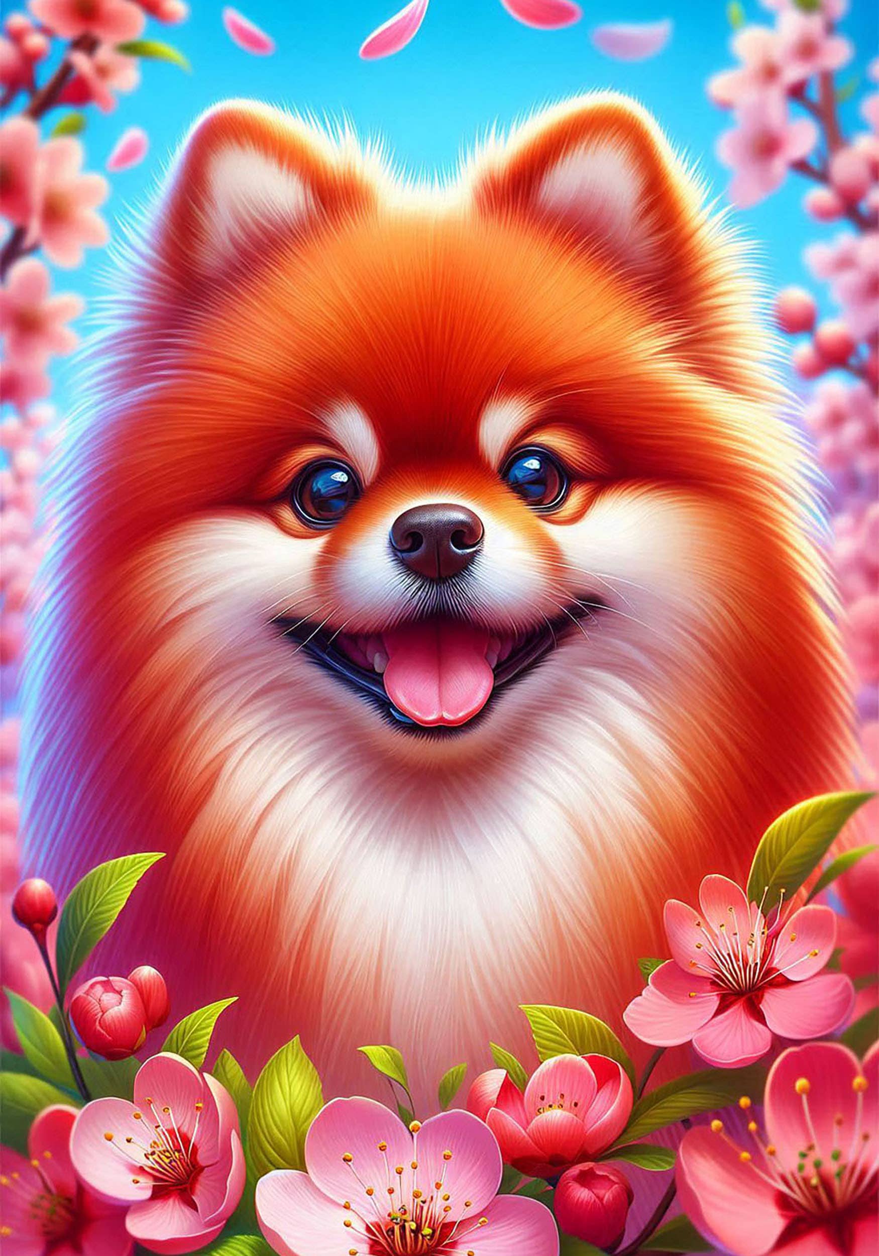 Pomeranian Colorful Floral Large House Flag
