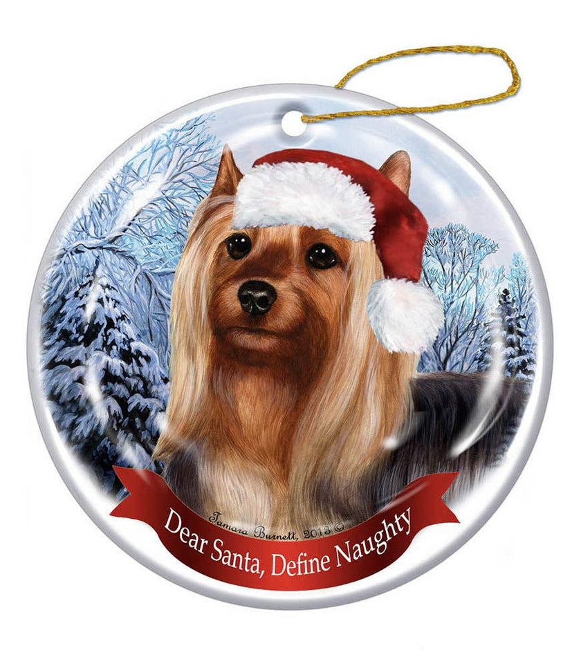 Silky Terrier Santa Hat Dog Porcelain  Ornament