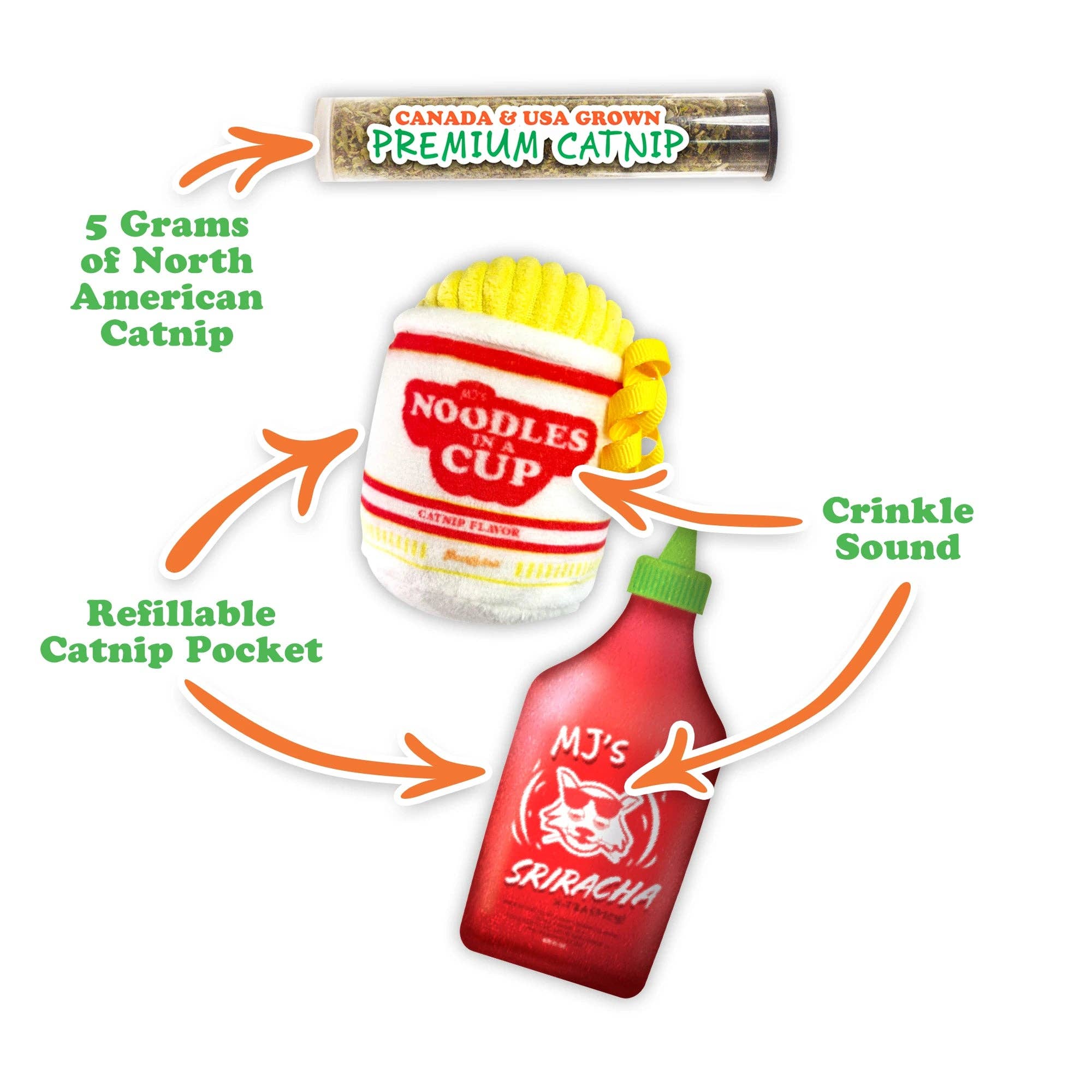 Meowijuana® Get Noodly Noodles & Sriracha Catnip Toy 2-Pack