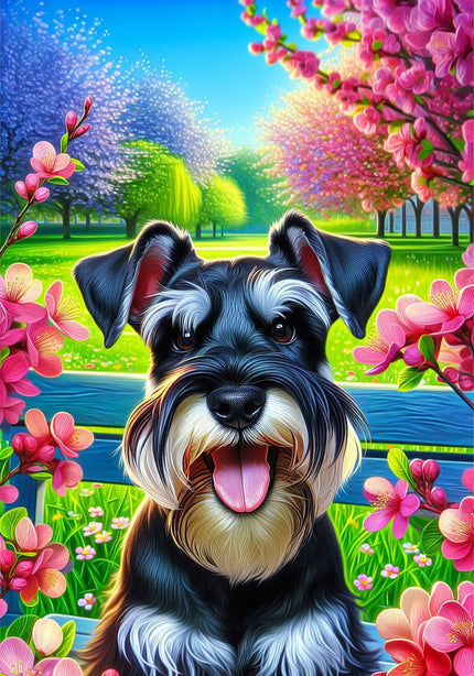 Schnauzer Black Uncropped Colorful Spring Large House Flag