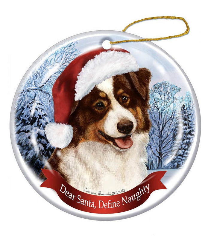 Australian Shepherd (Red Tri) Santa Hat Dog Porcelain  Ornament