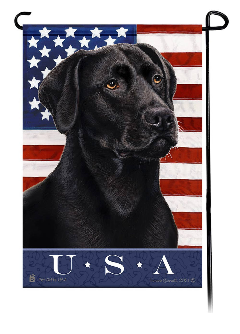 This Labrador Black (American) USA American Garden Flag is a testament to the beauty of your favorite breed and the American Flag.