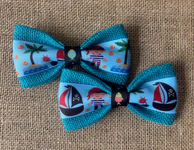 Pirates, Palm Trees & Pirate Ships on Teal Burlap