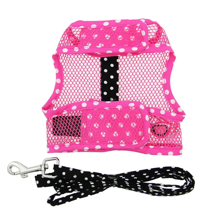 Cool Mesh Dog Harness & Lead - Sunglasses Pink Polka Dot