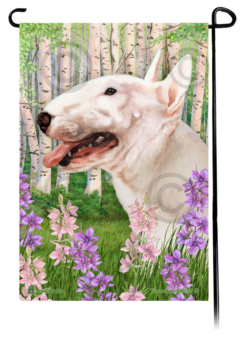This Bull Terrier White Garden Flag is a testament to the beauty of your favorite breed and the American Flag. 