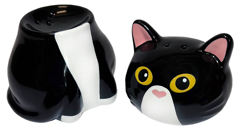 A purrfect addition to any table top; this salt & pepper set comes as a 2-in-1, the head and body of this adorable feline come apart to work as your S&P, and then go back together to form an adorable kitty. Perfect gift for the cat lover! Material: Ceramic Packaging: Color Box