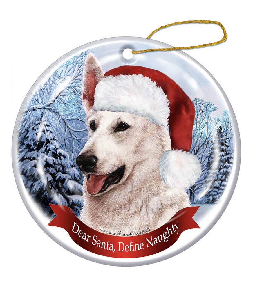German Shepherd (White) Santa Hat Dog Porcelain  Ornament