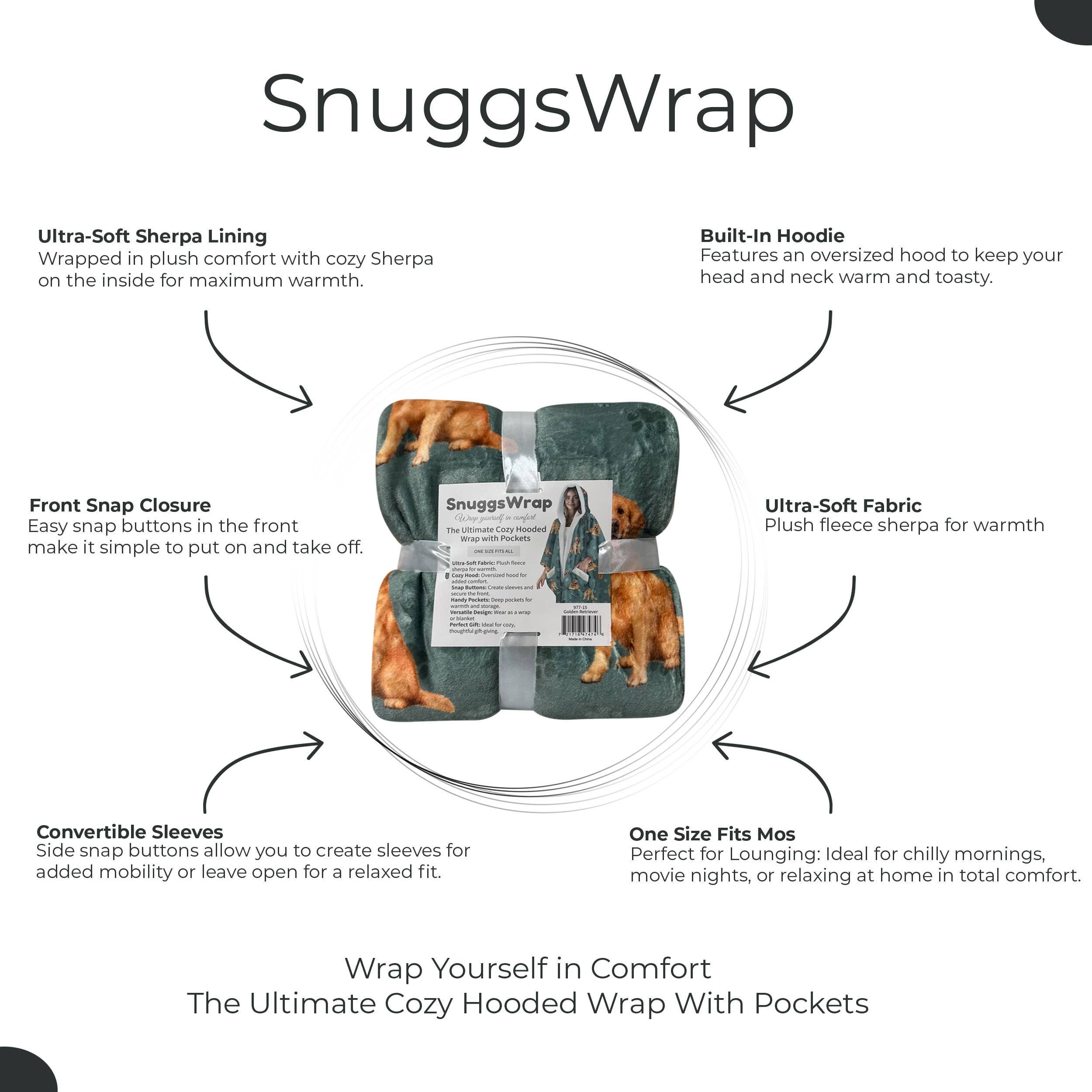Golden Retriever Snugg Wraps with Hoodie – Ultra Soft Sherpa Fleece Wrap for Pet Lovers