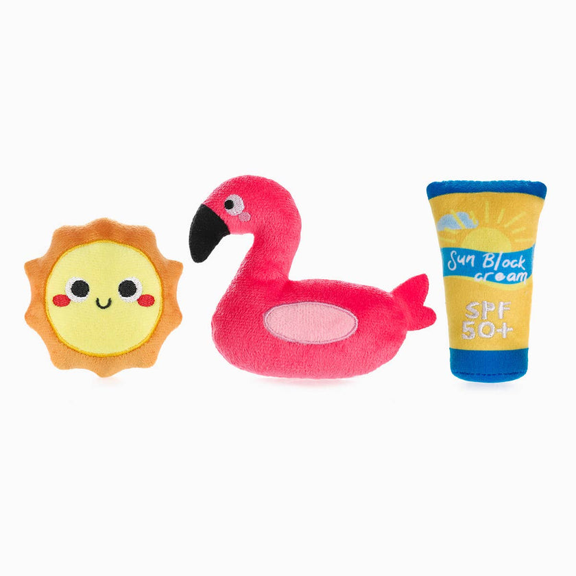 Dog Toy Flsmingo, Sun and Sunscreen Beach Daze Plush Toy Set
