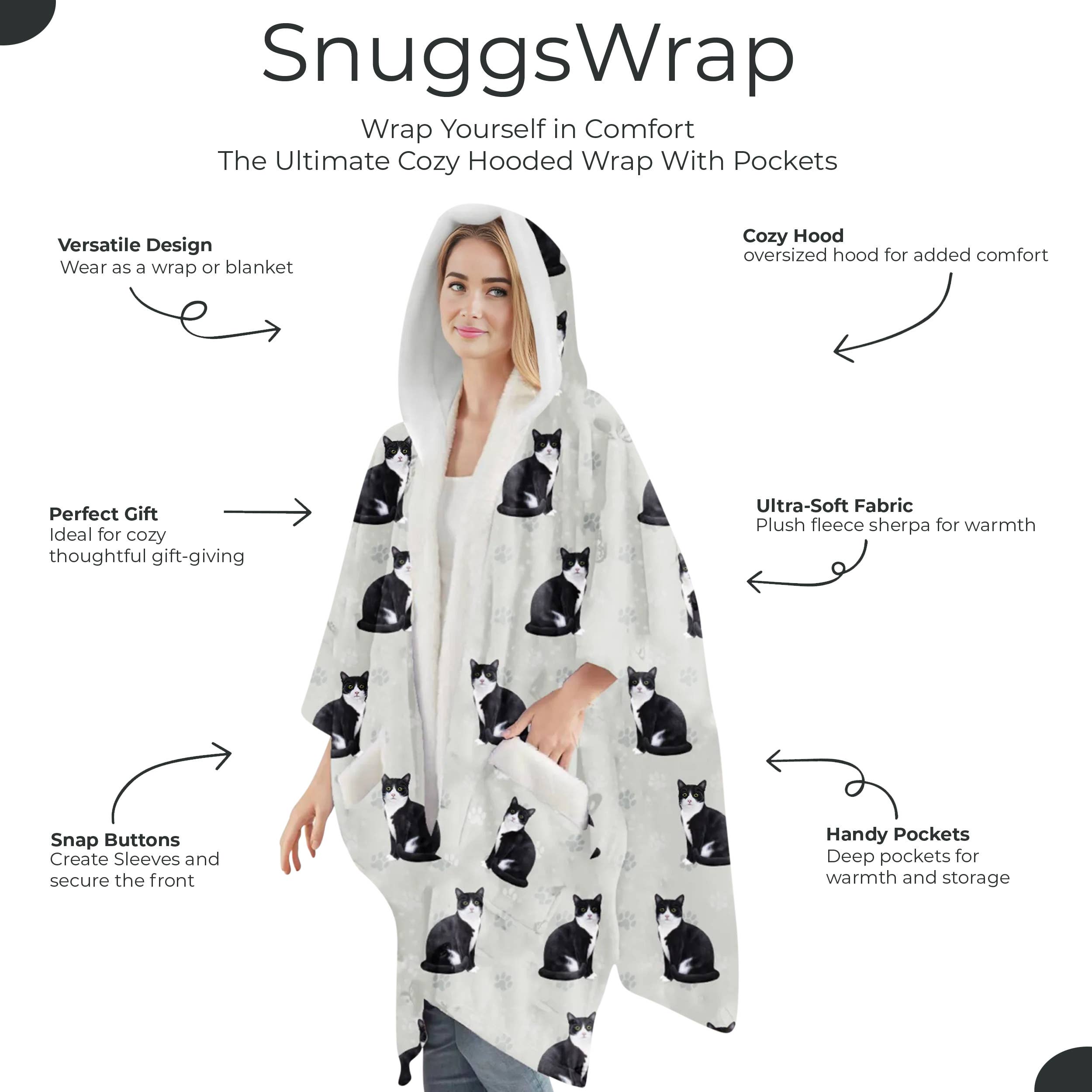 Black & White Cat Snugg Wraps with Hoodie – Ultra Soft Sherpa Fleece Wrap for Pet Lovers