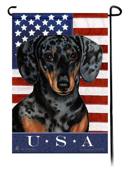 This Dachshund Dapple Chocolate & Tan USA American Garden Flag is a testament to the beauty of your favorite breed and the American Flag. 