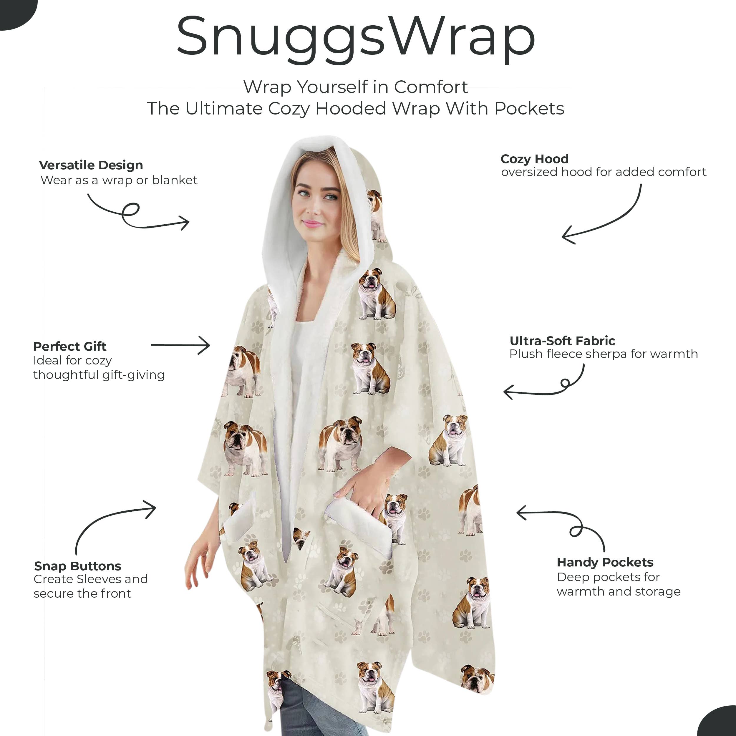Bulldog Snugg Wraps with Hoodie – Ultra Soft Sherpa Fleece Wrap for Pet Lovers