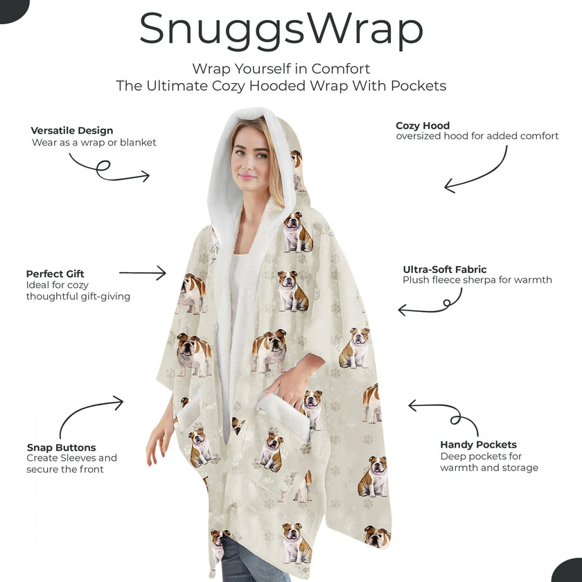 Bulldog Snugg Wraps with Hoodie – Ultra Soft Sherpa Fleece Wrap for Pet Lovers