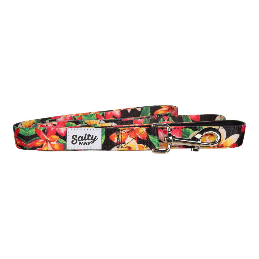 Hawaiian Print Dog Leash Tropical Black Floral  6' Length