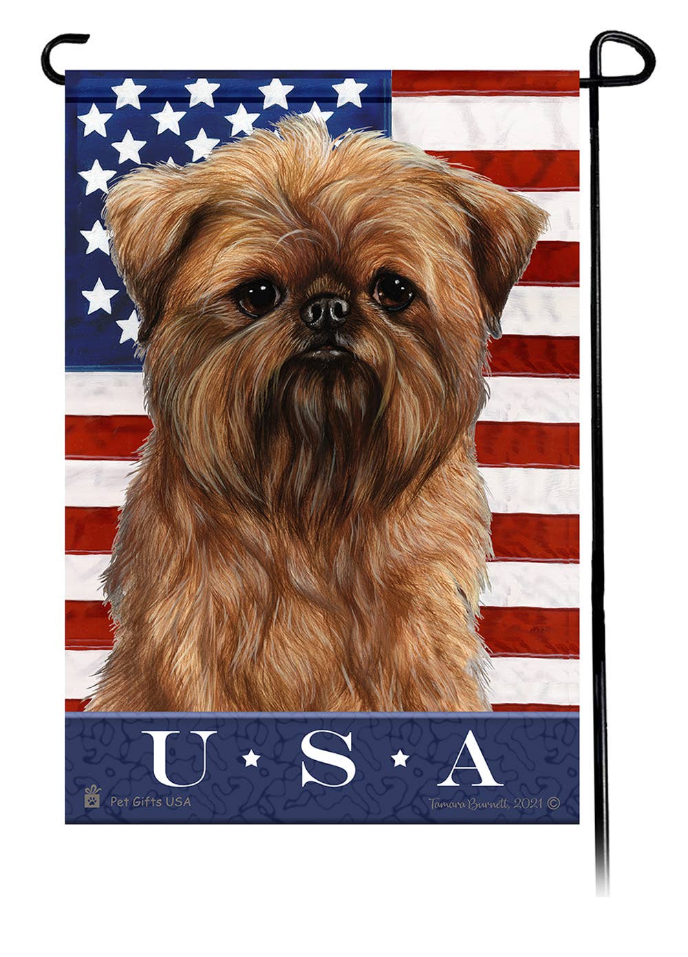 This Brussels Griffon USA American Garden Flag is a testament to the beauty of your favorite breed and the American Flag.