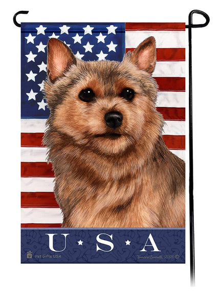 This Norwich Terrier Grizzle USA American Garden Flag is a testament to the beauty of your favorite breed and the American Flag.