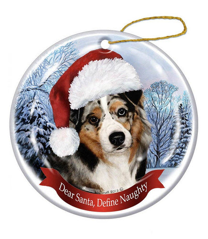 Australian Shepherd Blue Merle Santa Hat Dog Porcelain  Ornament