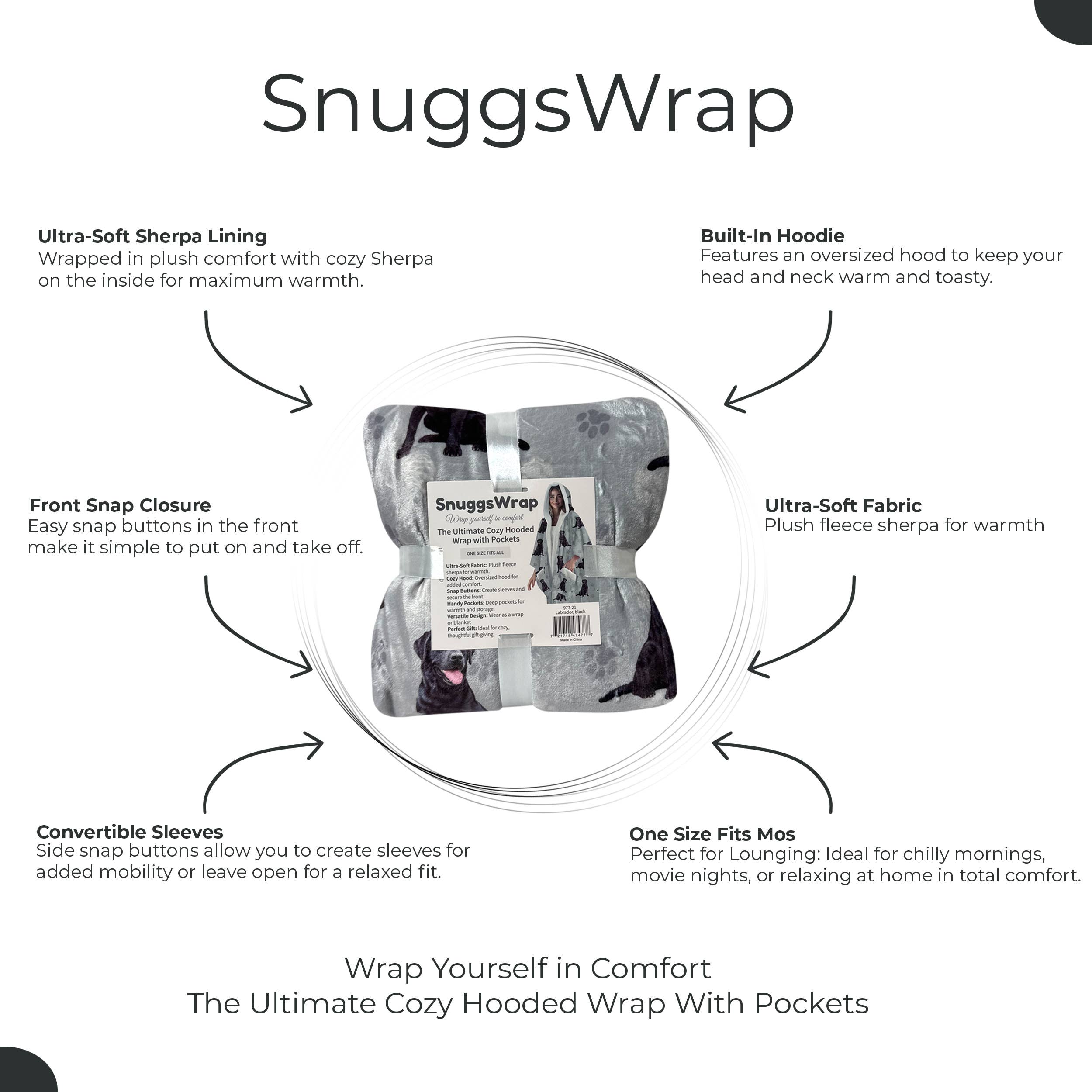 Labrador, Black Snugg Wraps with Hoodie – Ultra Soft Sherpa Fleece Wrap for Pet Lovers