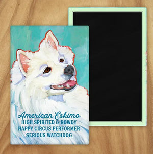 Behold our classic American Eskimo magnet, meticulously reproduced from an original oil painting by the renowned artist Ursula Dodge. This exquisite 2