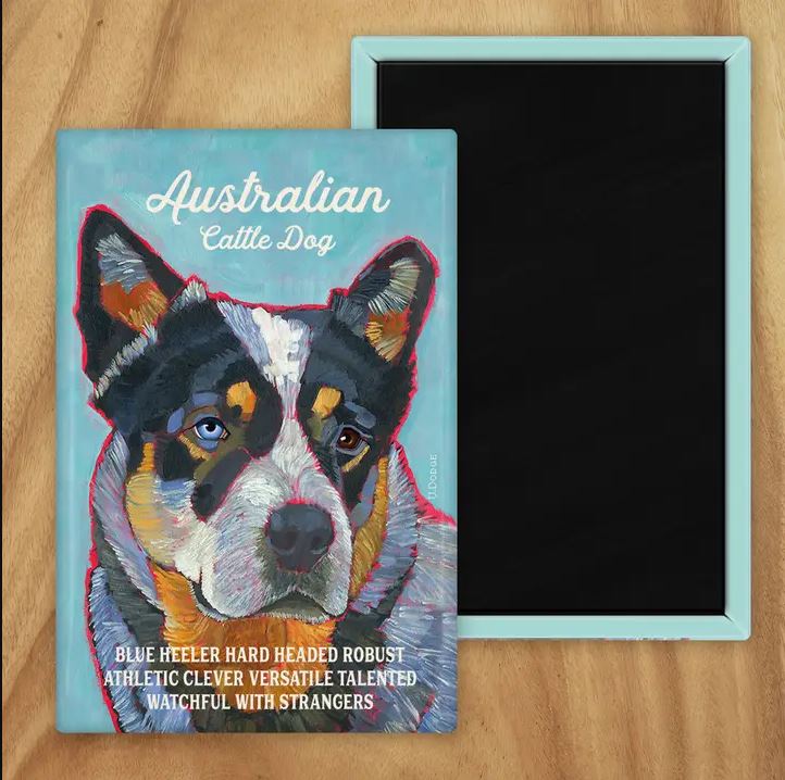 Behold our classic Aussie Cattle Dog (Blue) magnet, meticulously reproduced from an original oil painting by the renowned artist Ursula Dodge. This exquisite 2