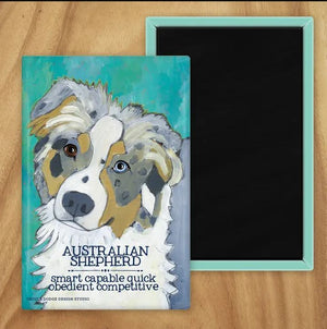 Behold our classic Aussie Shepherd Dog (Blue) magnet, meticulously reproduced from an original oil painting by the renowned artist Ursula Dodge. This exquisite 2