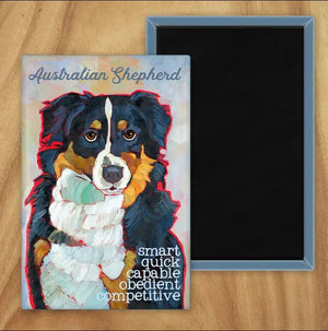 Behold our classic Aussie Shepherd Dog (Tri) magnet, meticulously reproduced from an original oil painting by the renowned artist Ursula Dodge. This exquisite 2