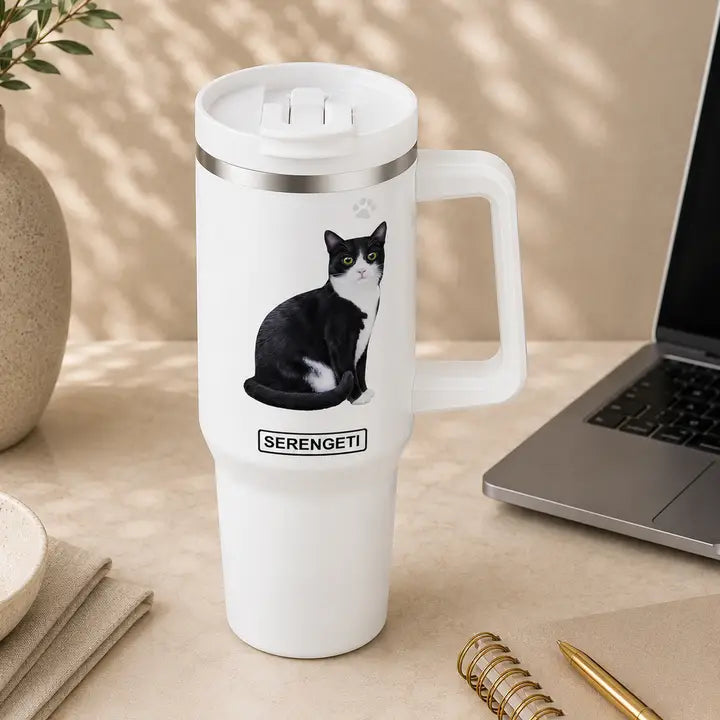 Black and White Cat 40 oz Tumbler with Handle and Straw Lid
