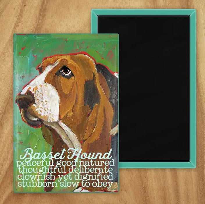 Behold our classic Basset (Profile) magnet, meticulously reproduced from an original oil painting by the renowned artist Ursula Dodge. This exquisite 2