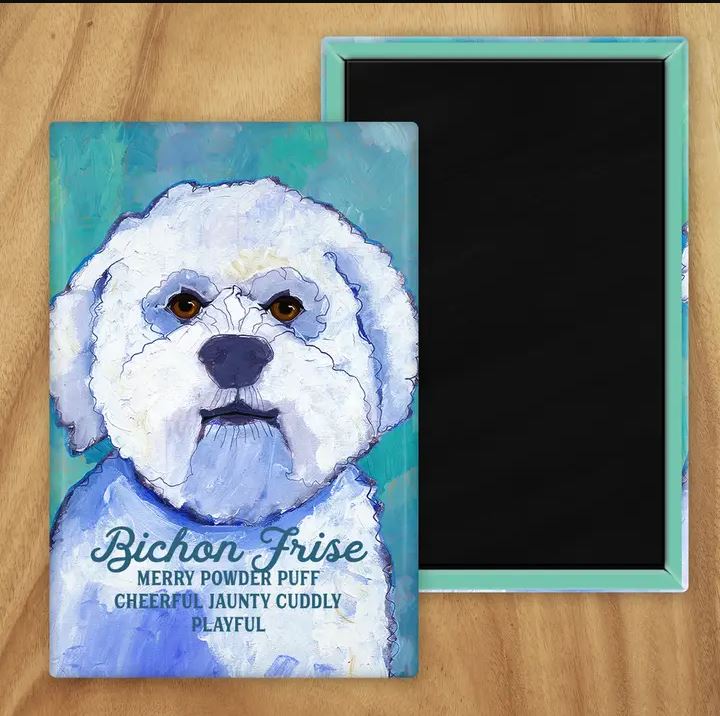 Behold our classic Bichon magnet, meticulously reproduced from an original oil painting by the renowned artist Ursula Dodge. This exquisite 2